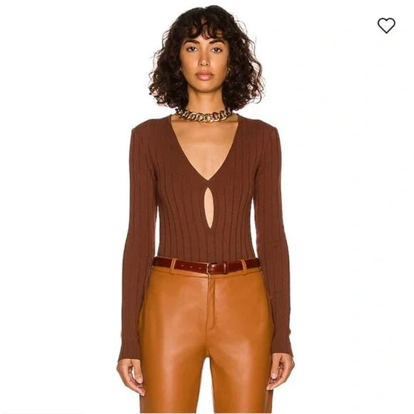 NWT Zeynep Arcay Drop V Neck Knit Bodysuit Cutout Long Sleeve Brown Size 6 - Picture 4 of 5